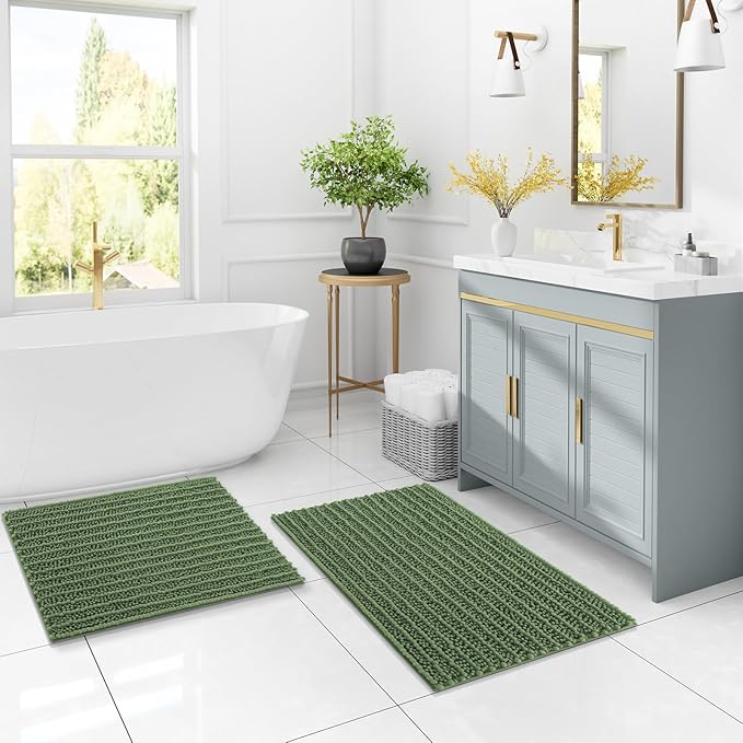 Arotive Luxury Chenille Bathroom Rug Mat, Extra Soft Thick Absorbent Shaggy Bath Rugs, Non-Slip Machine Wash Dry, Plush Bath Mats for Bathroom, Shower and Tub, 30x17, Olive Green
