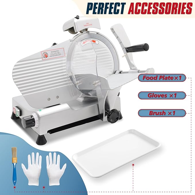 10 inch Commercial Meat Slicer, Electric Food Slicer, 240W Deli Slicer, Premium Chromium-plated Steel Blades, 0-12mm Adjustable Thickness Food Slicer For Commercial and Home use