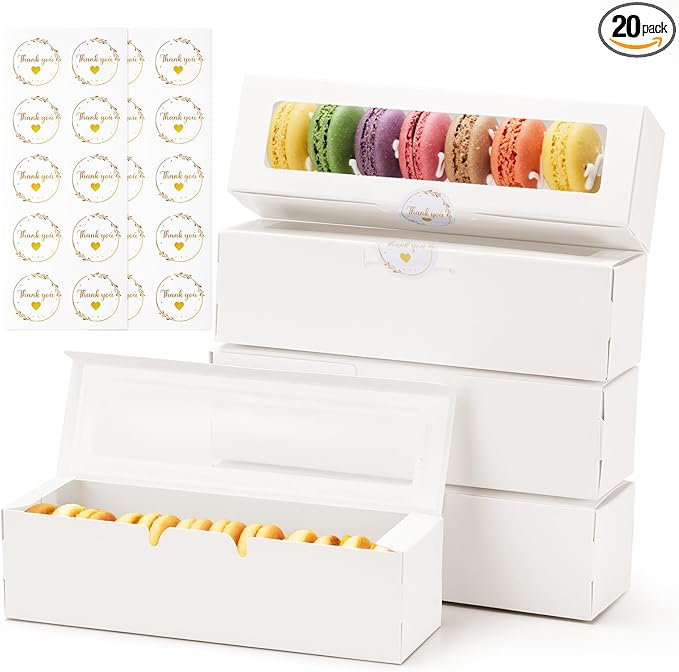 20 Pack Macaron Boxes with Window - 7.3x2x2 in Macaron Packaging Containers Holds 6-8 pcs, Small Cookie, Candy and Truffle Boxes for Gift Giving