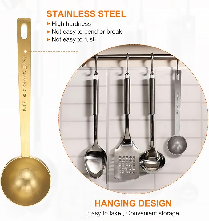 HARFINGTON Coffee Scoop Spoon 2tbsp (6tsp, 30ml) 304 Stainless Steel Long Handle Teaspoon/Tablespoon Measuring Spoons Scoops for Tea Sugar Kitchen, Gold