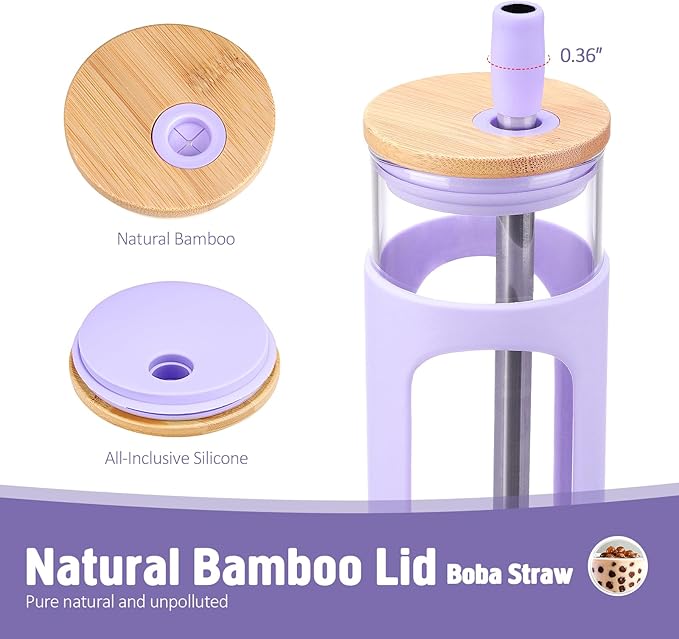 Kodrine 24oz Glass Tumbler with 2 Lids and Straws, Glass Cup With Bamboo Lid and On-the-go Lid, Reusable Iced Coffee Cup, Ideal for Smoothie, Cold Drinks, Fit Cup Holder, BPA Free (1, Purple)