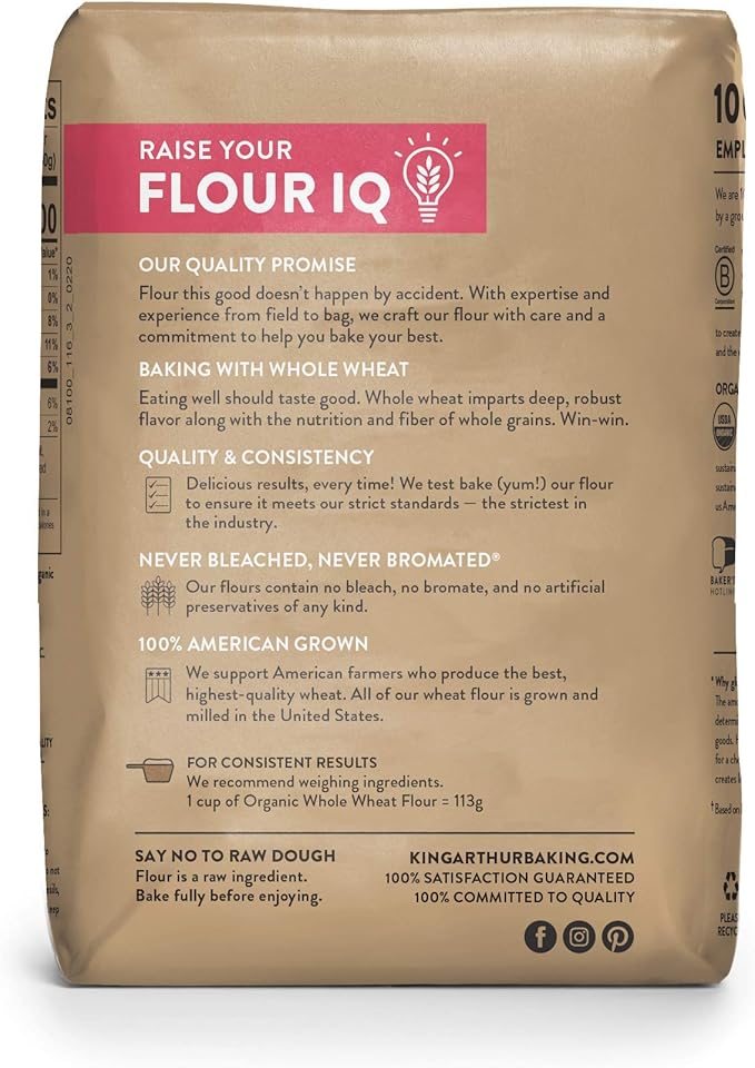 King Arthur, 100% Organic Whole Wheat Flour, 100% Whole Grain, Non-GMO Project Verified, 2 Pounds (Pack of 12)