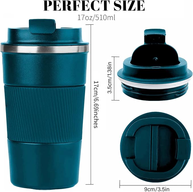 YINBAOGE Insulated Travel Coffee Mug Spill Proof Leak Proof Pobtable To Go Camping Stainless Steel Coffee Tumbler Reusable Coffee Cups with Lids Thermos for Hot and Cold Drink (Blue, 17 OZ)