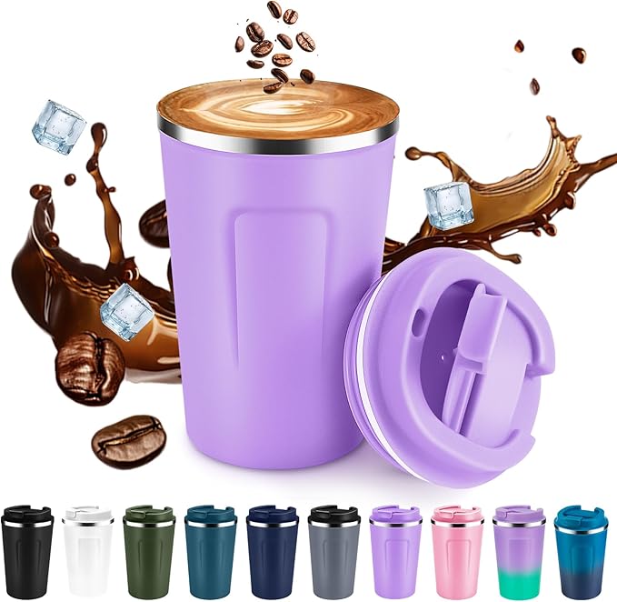 Volhoply 12 oz Double Wall Insulated Vacuum Travel Coffee Mug with Flip Lid,Reusable Stainless Steel Leak Proof Coffee Cup,Portable Cafe Thermal Tumbler Suitable for Hot & Cold Drinks(Purple,1 Set)