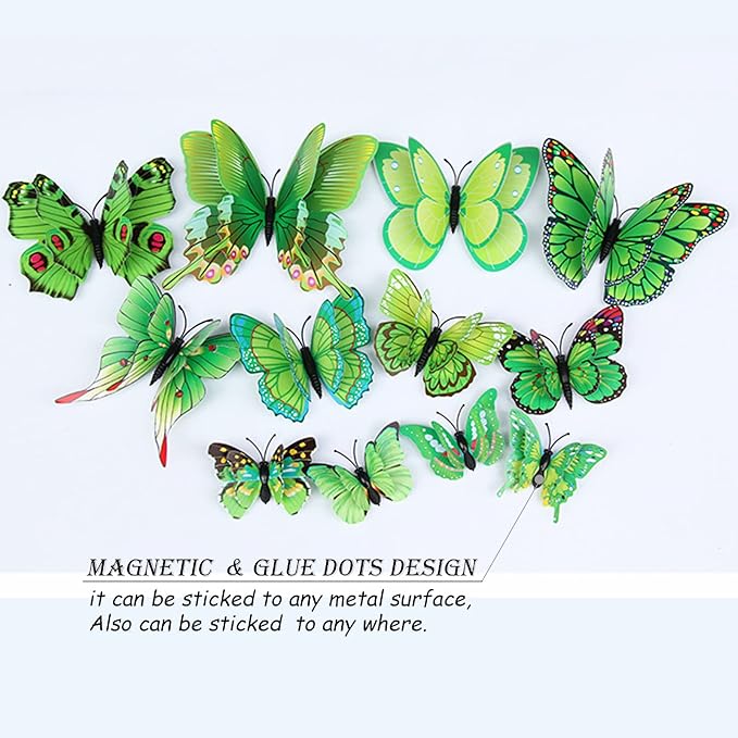 Butterfly Wall Decor 24/48 PCS, 3D Butterflies Stickers for Party Decorations with Magnets (Green, 48)
