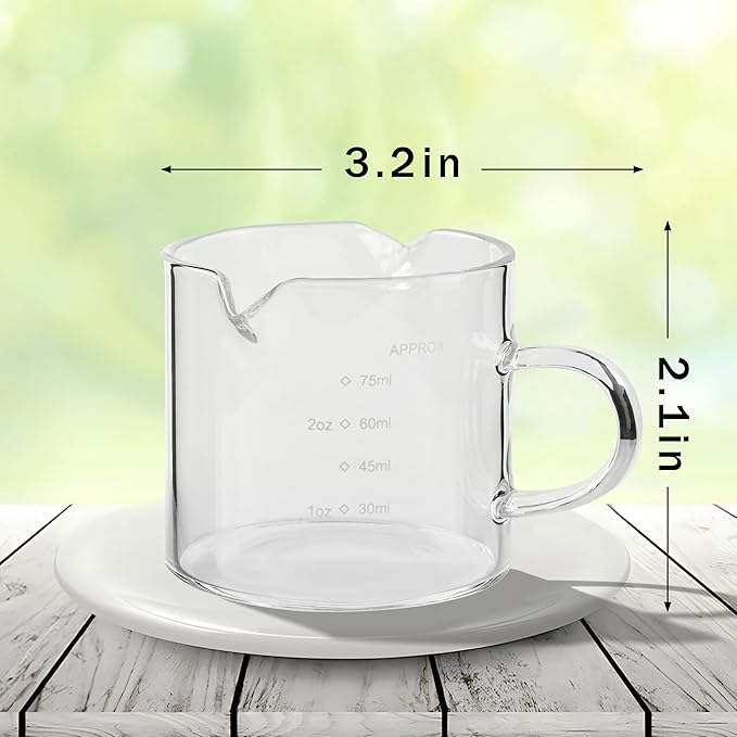 Espresso Double Spouts Glass Coffe Cup with Handle - 75ML/2.5OZ, Clear, Scale Measurement - Espresso Shot Glasses Cup(2PCS) (with Scale)