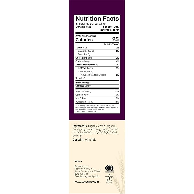Teeccino Raspberry Mocha Chicory Coffee Alternative - Ground Herbal Coffee That’s Prebiotic, Caffeine Free & Acid Free, Dark Roast, 11 Ounce
