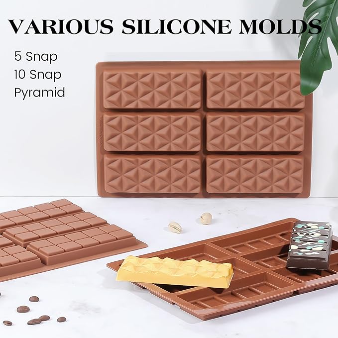 1 Pc Chocolate Bar Mold Deep Dubai Stuffed Silicone Molds for Filling Knafeh Pistachio Chocolate Bar and Wax Melts Rectangle Thick Candy Bar Molds Break Apart (10 Snap）