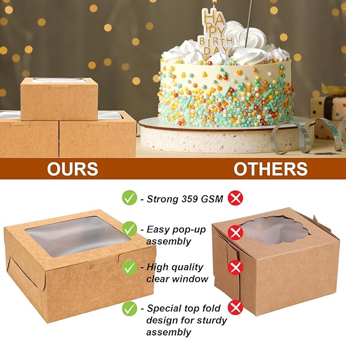 OAMCEG 50 PCS Cookie Boxes with Window, 6x6x3 Inch Cupcake Boxes, Brown Bakery Containers for Pastry, Dessert, Chocolate Strawberries, Treat Boxes with Stickers & Jute Twine