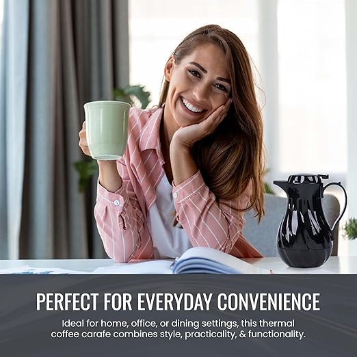 OCS Parts Easy Pour Thermal Coffee Carafe | 8-Inch Insulated Hot and Cold Beverage Pitcher Server for Coffee, Tea, Hot Chocolate and Water with Colored Tags for Easy Idenfication | 20-Ounce | Black