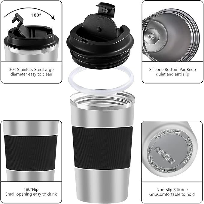 YINBAOGE Insulated Travel Coffee Mug Spill Proof Leak Proof Pobtable To Go Camping Stainless Steel Coffee Tumbler Reusable Coffee Cups with Lids Thermos for Hot and Cold Drink (Silver black, 17 OZ)
