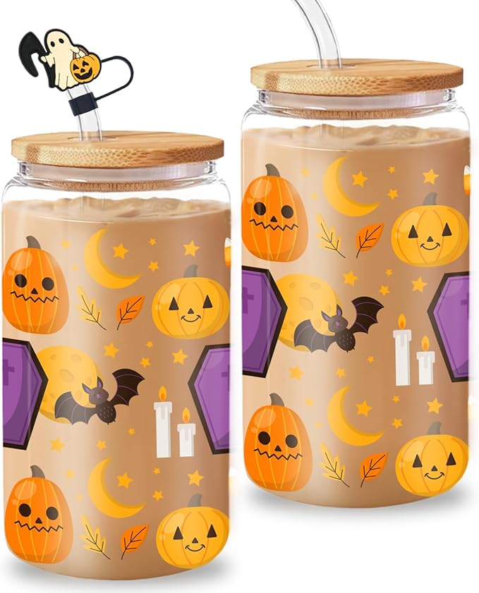 Cute Pumpkin Tumbler - 16oz Pumpkin Glass with Lid and Straw, Perfect for Autumn Themed Iced Coffee, Birthday and Fall Season Gift