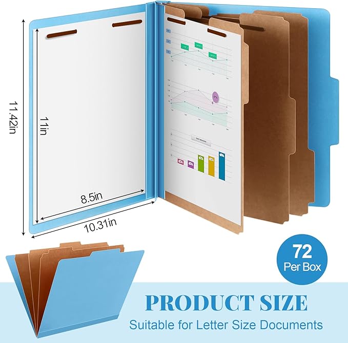 72 Pcs Classification Folders Letter Size, Back to School Supply for Teacher, Student, 3 Dividers Pressboard File Folder Bulk with 2 Fasteners, 3.5 Inch Expanding File Organizer (Blue)