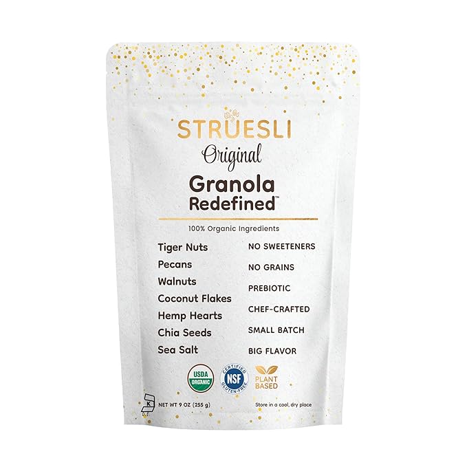 Struesli Original Organic Granola, Grain & Gluten Free, Healthy Snacks with Chia Seeds, Nuts and Sea Salt, Prebiotic High Fiber Food for Yogurt, Cereal & More, Plant Based, Keto & Paleo Friendly, 9 Oz