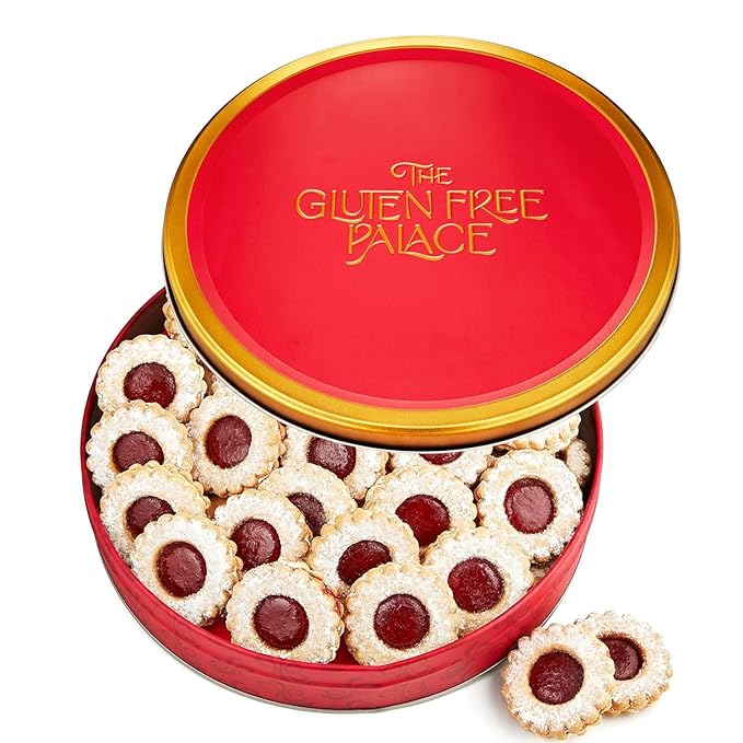 Gluten Free Palace Cookie Gift Basket – Fresh Raspberry Linzer Tart Shortbread Cookies in Tin – Birthday, Corporate, Anniversary, and Thank You Gift
