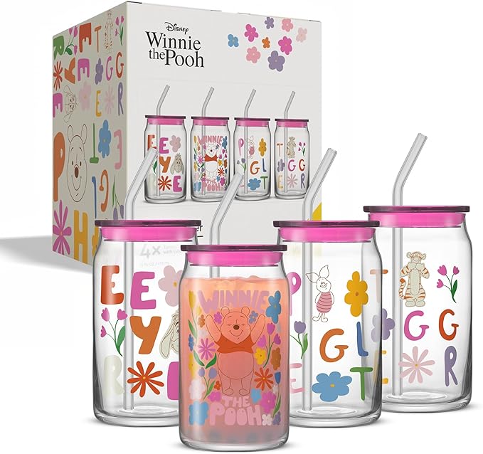 JoyJolt Disney Winnie the Pooh & Friends Flower Power Glass Tumblers with Lids and Straws, 16oz Glass Cups with Lids and Straws, Can Shaped Drinking Glasses Set of 4, Disney Gifts for Adults