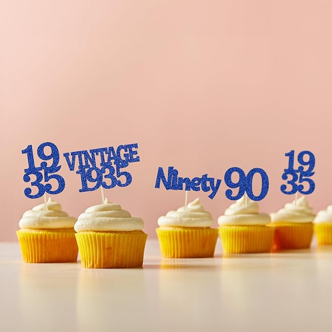 Gyufise 24Pcs Vintage 1935 Cupcake Toppers Glitter Cheers to 90 Fabulous Ninety Cupcake Picks 90th Birthday Wedding Anniversary Party Cake Decorations Supplies Deep Blue