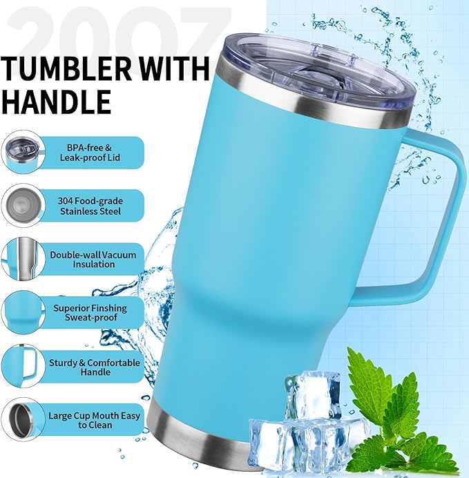 20oz Insulated Tumbler with Handle Stainless Steel Travel Coffee Mug with Lid and Straw Double Wall Vacuum Leak-proof Reusable Thermal Water Cup for Hot and Cold Drinks (Sky blue,1 Pack)