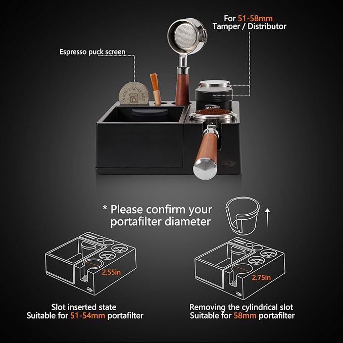 IKAPE Espresso Knock Box, Espresso Coffee Organizer Box Fit for Storage 51, 54, 58MM Espresso Tamper, Distributor, Portafilter & Puck Screen Accessories, Plastic Station Base(Black)