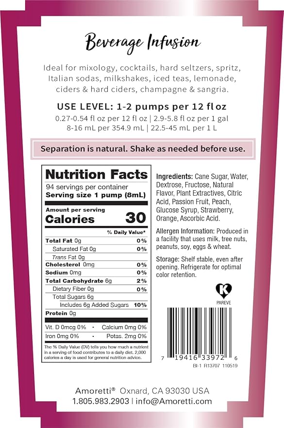 Amoretti - Tropical Beverage Infusion - Drink Mix & Water Enhancer with Pump for Flavoring Cocktails, Waters, Teas, and other Beverages, Preservative Free