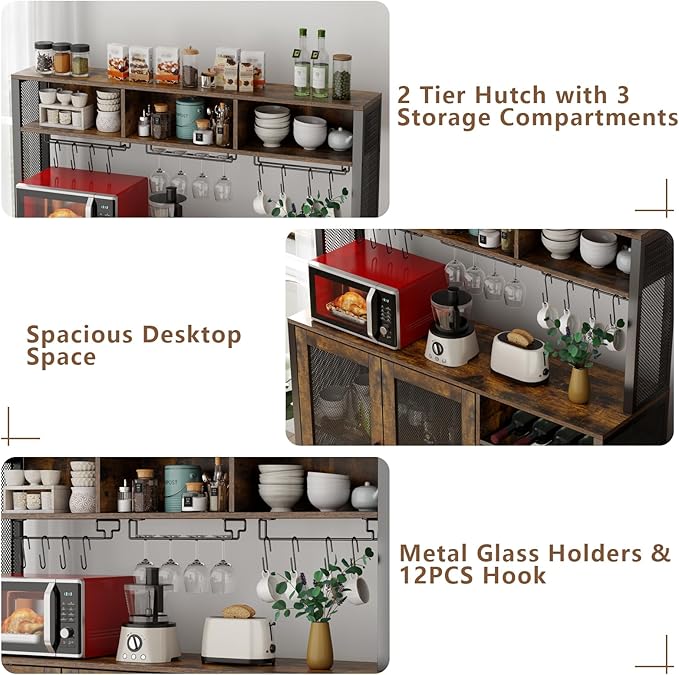 Loomie Wine Bar Cabinet with LED Lights, Industrial Coffee Bar with 3 Storage Compartments & Wine Rack &Glass Holder,Sideboard Buffet for Liquor and Glasses,Liquor Cabinet,Rustic Brown