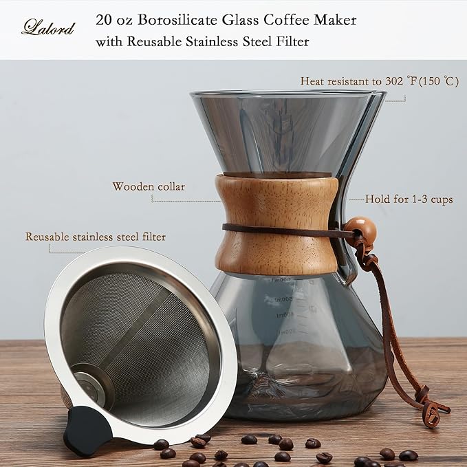 Pour Over Coffee Maker with Stainless Steel Filter, 20 oz Borosilicate Glass Coffee Carafe, Wooden Collar, Coffee Maker Carafe, Hold 3-4 Cups, 600 ml, Gray