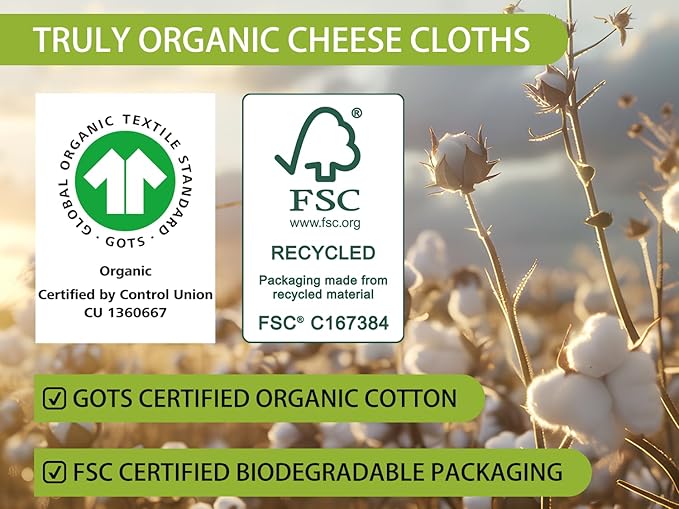 Organic Cheese Cloths, GOTS Certified, 3PCS, Grade 100, 20x20Inch Hemmed Cheese Cloth Fabric Reusable Fine Mesh Cloth, 100% Cotton Unbleached Muslin Cheesecloth for Straining, Cooking, Juice, Herbs