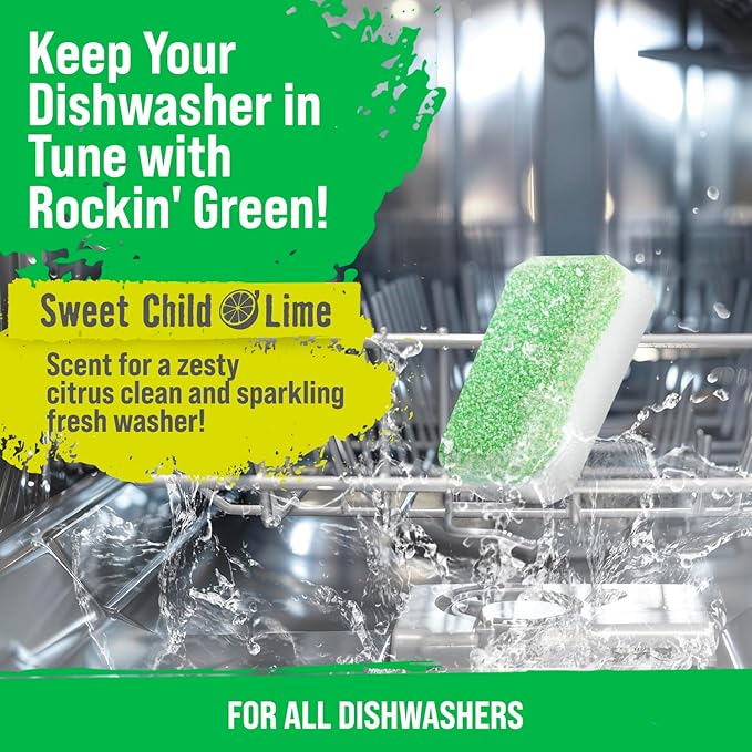 Rockin' Green Dishwasher Cleaner Tablets (8 Pack) - Septic Safe Dishwasher Cleaning Tablets Dishwasher Cleaner and Deodorizer - Dishwasher Remove Build Up with Citric Acid (Sweet Child O'Lime)