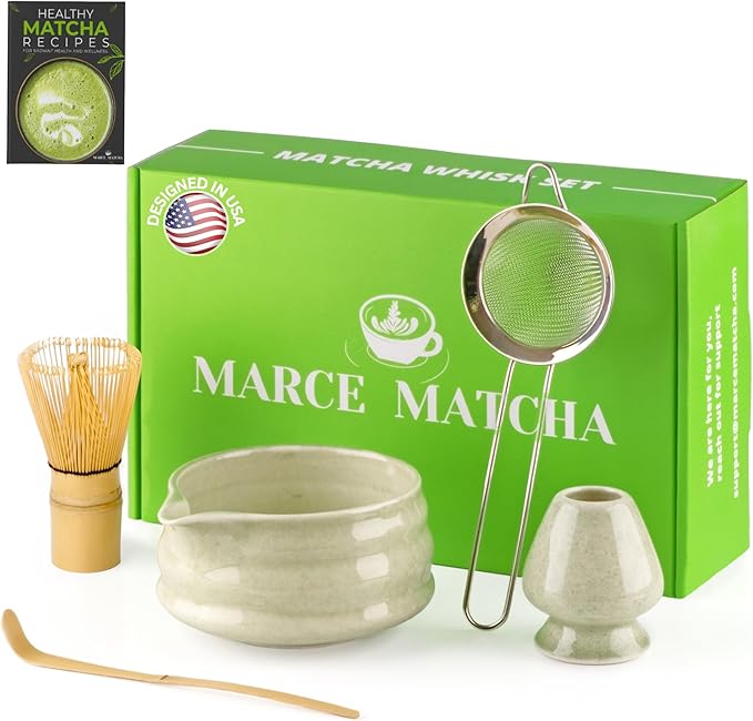 Marce Matcha Whisk Set- Matcha Set includes Matcha Whisk and Bowl (Bowl with Spout), Sifter, Holder and Scoop- The Perfect Bamboo Whisk for Matcha Tea (Molted Green)
