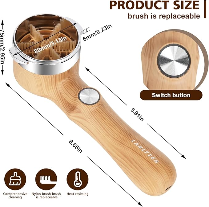 58mm Espresso Coffee Machine Cleaning Brush Wood Grain Color Espresso Machine Electric Cleaning Brush 360°Totally Enclosed for E61, Flair 58, ECM, Rocket, Sanremo, Synesso, Slayer, VBM