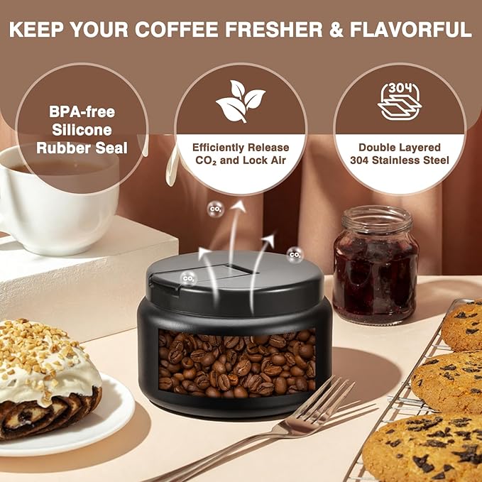 Coffee Canister, Premium Stainless Insulated Vacuum Steel Coffee Bean Storage Container Travel Jar, Kitchen Food Airtight Coffee Grounds Container for Tea, Sugar, Flour (13.5oz-Black)