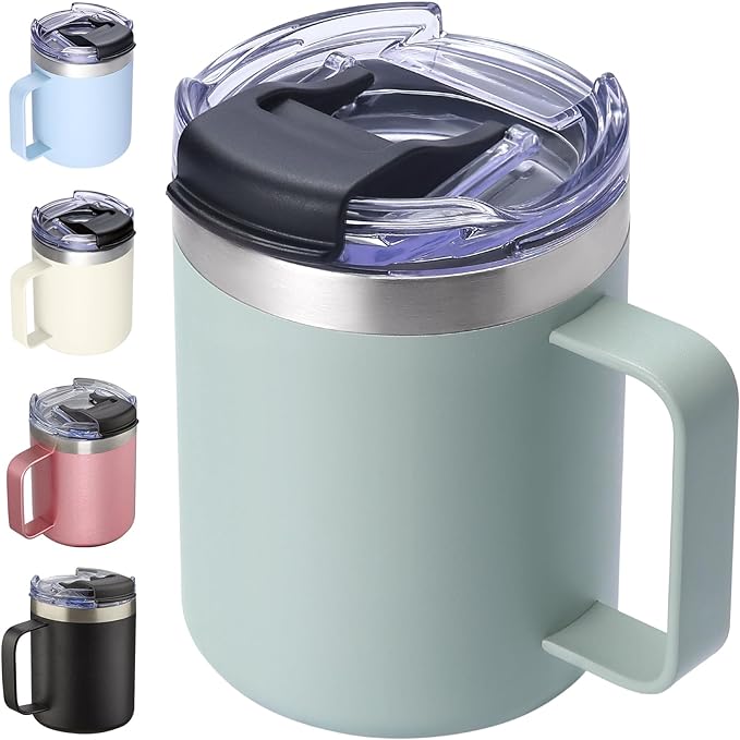 ALOUFEA 12oz Insulated Coffee Mug Cup with Handle, Stainless Steel Travel Coffee Mug with Flip Lid, Double Wall Vacuum Coffee Tumbler,Sage