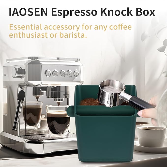 Large Square Knock Box Shock-absorbent Knock Box Espresso with Removable Knock Bar and Non-Slip Base Espresso Accessories for Home/Office (Large Green Knock Box with Tamper Mat)