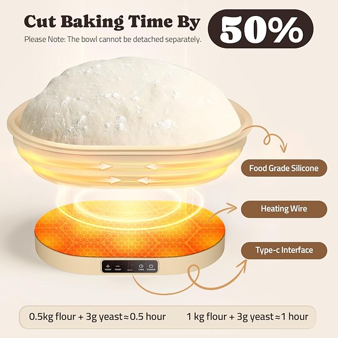Heating Complete Sourdough Starter Kit, 4L Electric Thermostatic Silicone Oval Foldable Banneton Bread Proofing Basket with 6 Timer & Temp Settings for Dough Rising, Dishwasher Safe, Bread Making Kit