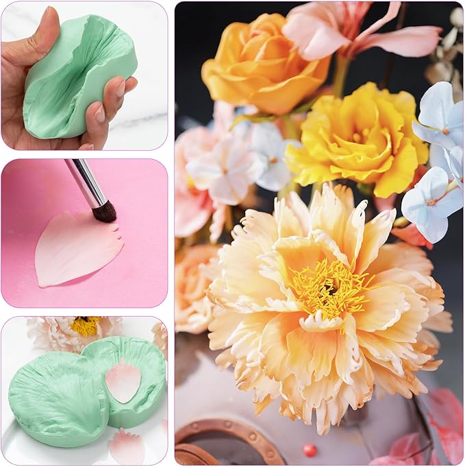 KALAIEN Flower Silicone Mold, 10 Pcs Gumpaste Cutters, 2 Pcs Peony Petal Fondant Veining Molds for Sugarcraft Flower Decorating Mold
