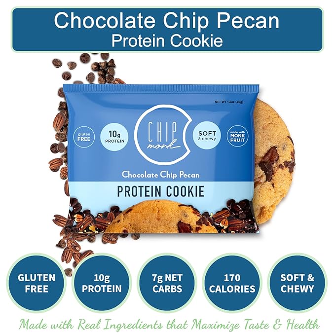 ChipMonk Baking, Chocolate Chip Pecan High Protein Cookies - Low Carb Diet Friendly Gym Snacks, Meal Replacement Cookie, Gluten-Free, Healthy Low Sugar Sweet Snack - Balanced Nutrition Baked Desserts