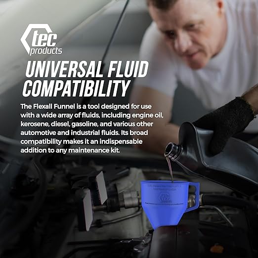 FlexAll Long Flexible Funnel for Automotive Use - Durable Nitrile Rubber - Ideal for Car Oil Change, Transmission Funnel Fluid, Diesel, Fuel, Gas - Made in USA - Blue (12 x 4 Inches)