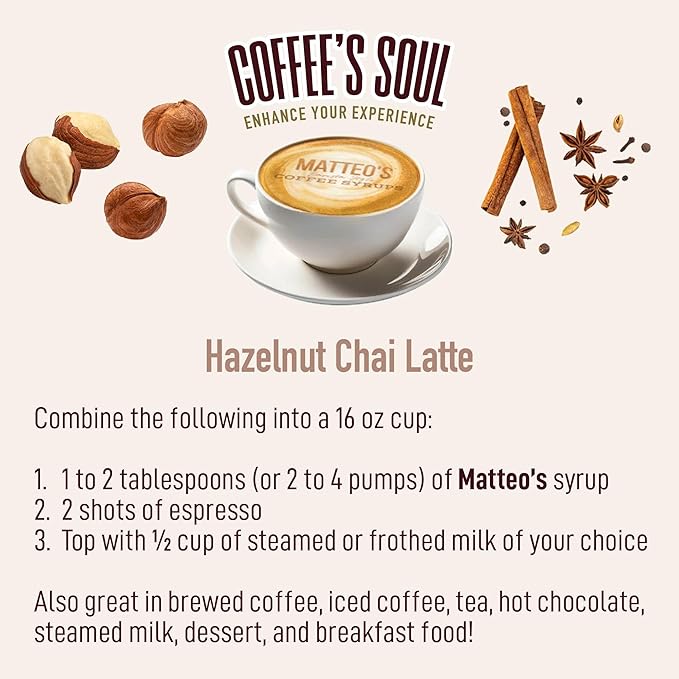 Matteo's Hazelnut Chai Syrup for Coffee, Lattes, Cappuccinos & Desserts – Sugar-Free Sweetener for Beverages, Keto Friendly, Zero Calories, Indulgent Flavor, Non-Alcoholic, 33.8oz (1pk)
