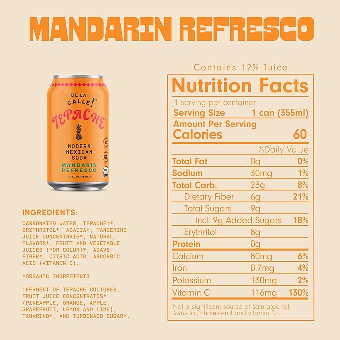 De La Calle Tepache - Mandarin - Modern Mexican Soda - Craft Fermented Pineapple Sparkling Beverage - Certified Organic, Antioxidant Rich, Non-Alcoholic, Healthy Soda, Low Sugar, Low Calorie, Non-GMO