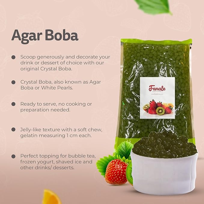 Fanale Matcha Agar Agar Boba, Matcha Jelly Ball, Ready to Serve, Soft Chew Texture, Instant Boba Pearls for Bubble Tea, Frozen Yogurt, Shaved Ice & Dessert’s Topping (4.4 lbs/bag, 6 bags/case)