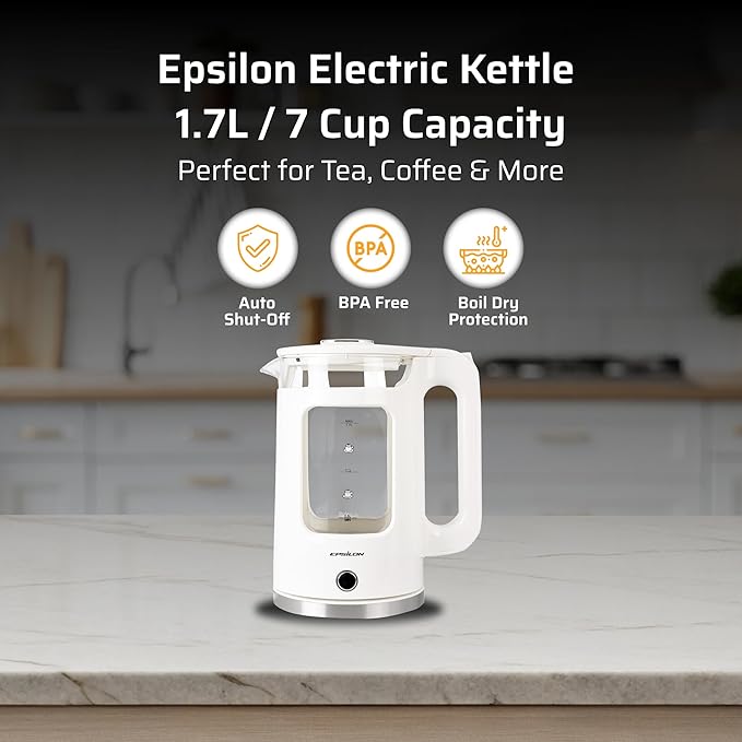 Epsilon 1.7L Glass Electric Kettle – Hot Water Tea Kettle with LED Light, Stainless Steel & Borosilicate Glass, Auto Shut-Off, BPA-Free Electric Teapot, 1500W Fast Boil, Cool Touch