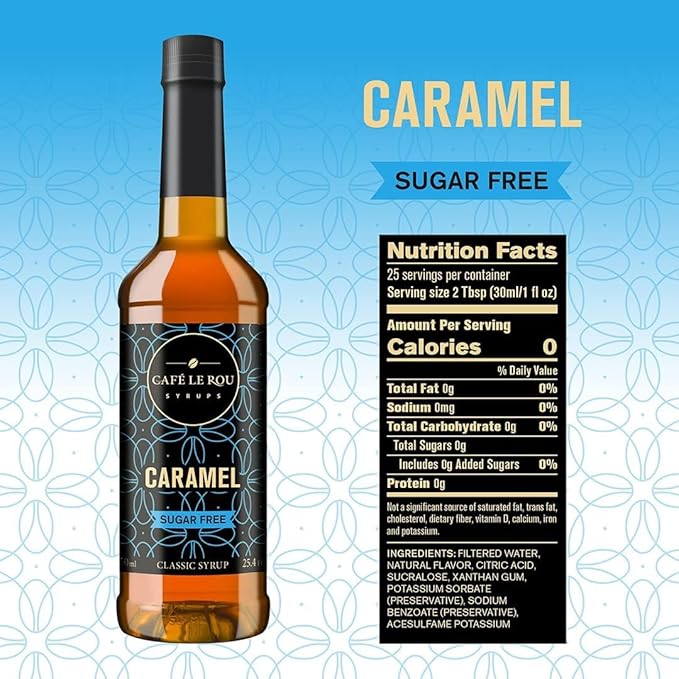 "NEW" Café Le Rou Coffee Syrup Sugar Free Caramel, 25.4oz (Pack of 1)*Includes 1 Coffee Syrup Pumps*Cafe Coffee Flavoring Syrup for Coffee, Tea, and Espresso