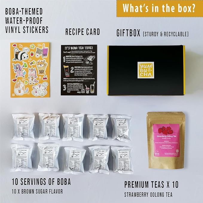YUMBUCHA Boba Kit Set - DIY Boba Tea Making Kit with Strawberry Oolong & Tapioca Pearls - Create 10 Delightful Drinks - Exquisite Loose Leaf Teabags Included - Boba Tea Gift Set for Tea Lovers