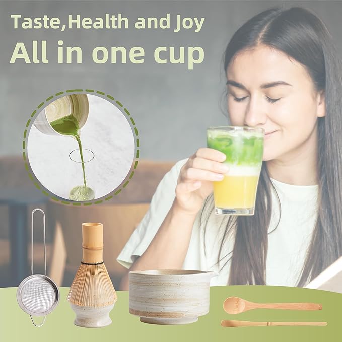 Matcha Whisk Set, Ceramic Matcha Set with Bowl, Matcha Whisk and Holder, Sifter, Bamboo Spoon, Scoop, 6Pcs Ceremony Matcha Kit for Tea Lovers Making Breakfast/Latte