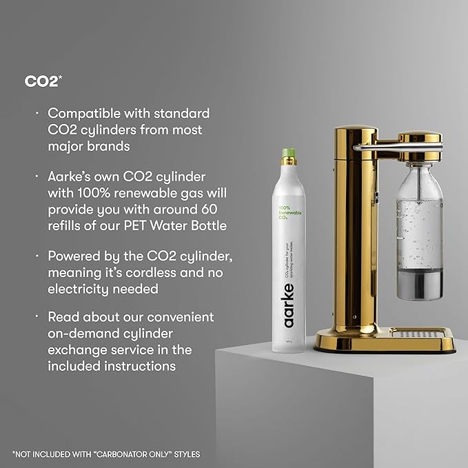 Aarke Carbonator lll with CO2 Cylinder, Sparkling & Carbonation Water Machine, Stainless Steel with PET BPA-Free Reusable Bottle Volume 1L/34 fl oz (Gold)