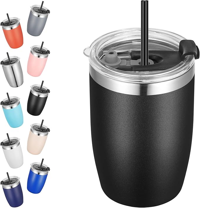 VEGOND Stainless Steel 12 oz Tumblers bulk Vacuum Insulated Double Wall Travel Tumbler with Lid and Straw Reusable Tumbler, Black 1 Pack