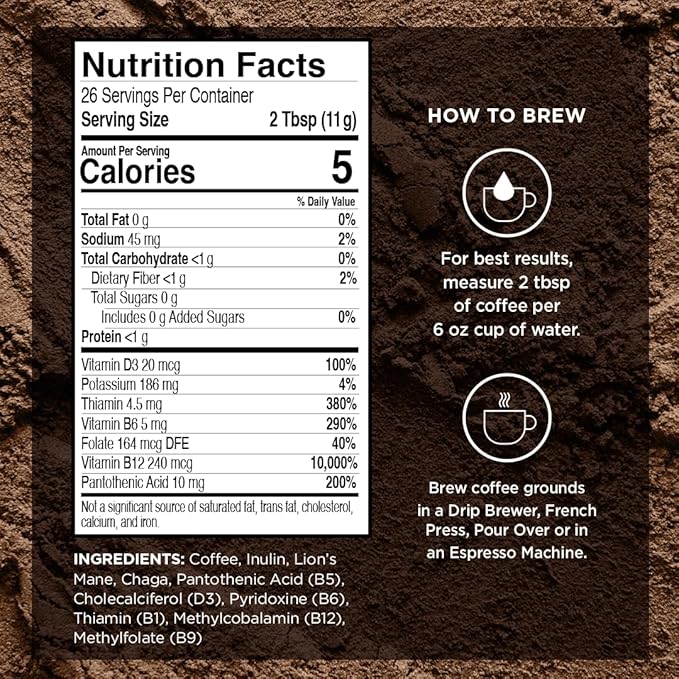 VitaCup Focus Mushroom Coffee Grounds, Vanilla Flavored Coffee with Lions Mane, Chaga, B Vitamins, D3, Boost Focus, Immunity, Memory & Clarity, Medium Dark Roast, 100% Arabica Specialty, 10oz