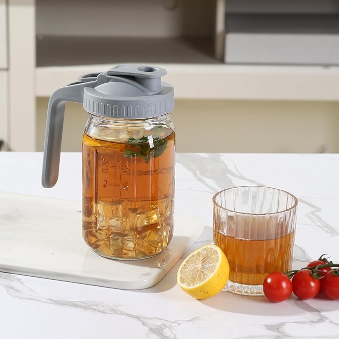 Glass Mason Jar Pitcher with Pour Spout Handle Lid, Breast Milk Pitcher Jug for Ice Tea, Cold Brew Coffee, Fridge Water, Juices, Leak Proof Storage Container
