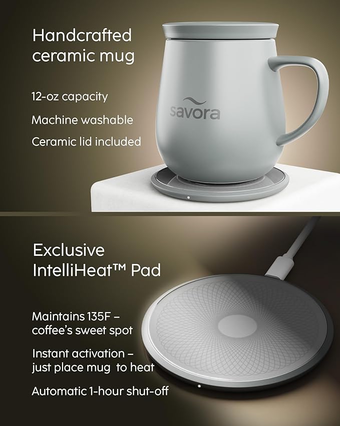 Temperature Control Smart Mug with Wireless Heating Pad - 12oz Ceramic Coffee Mug Warmer | Maintains 135°F Self Heating Cup | IntelliHeat Technology | USB-C Powered - Grey