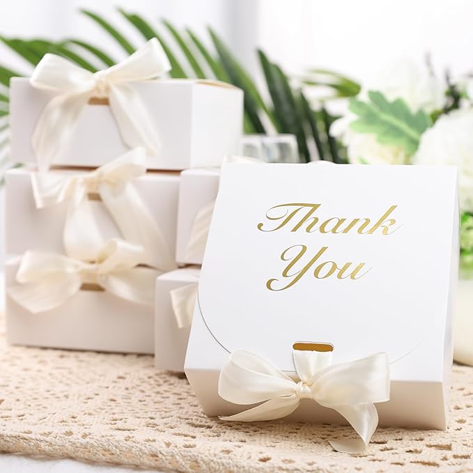 VGOODALL 20PCS Thank You Gift Boxes, 4.5x4.5x1.9Inches Mini Party Favor Boxes White Treat Bags with Bow Ribbon for Wedding Bridal Baby Shower Birthday Party